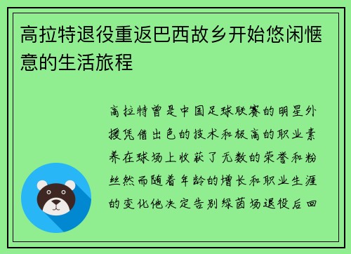 高拉特退役重返巴西故乡开始悠闲惬意的生活旅程
